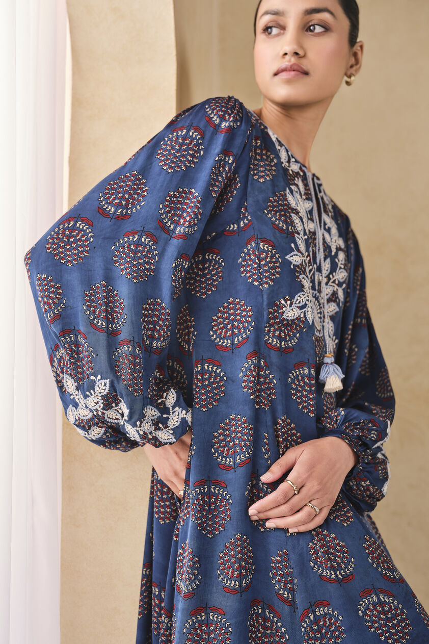 Aze Handcrafted Ajrakh Kaftan - Blue, Blue, image 7